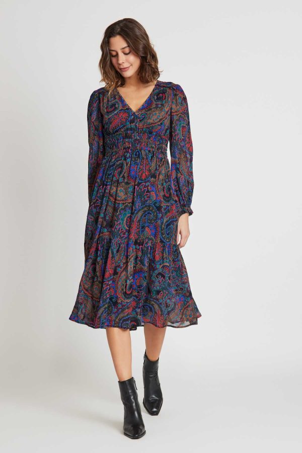 Robe midi col V en voile imprimé SCARLETT