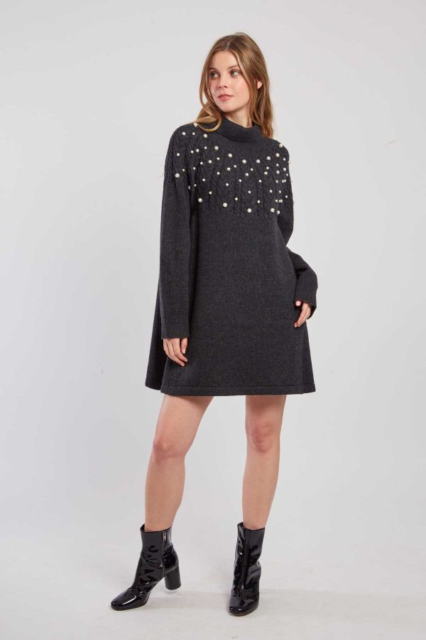 Robe pull col roulé unie avec perles JORIS