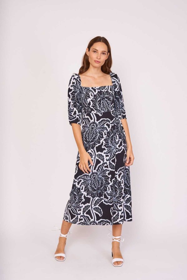 Robe longue imprimée col carré CHARLOTTE