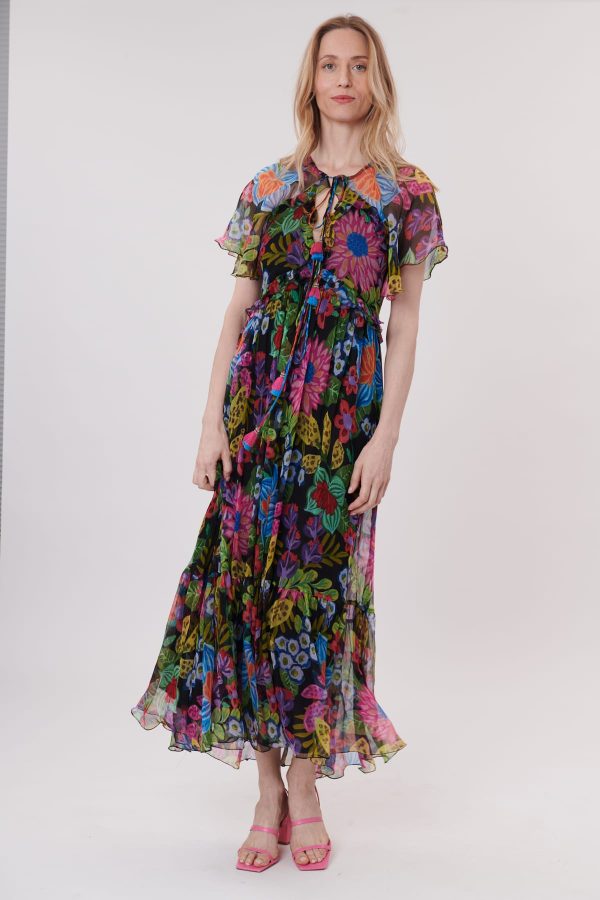 Robe longue imprimée manches courtes et volants TRISH