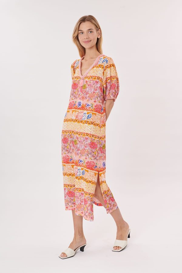 Robe longue droite imprimée col V manches courtes TACT